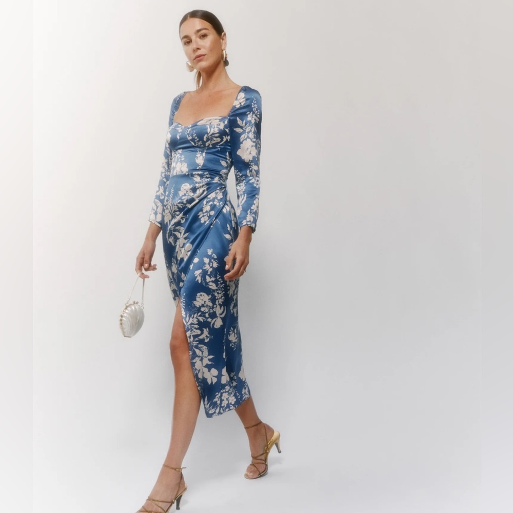 New NWT Reformation Gloriana silk Cyanotype blue dress